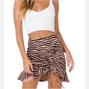 Princess Polly Tiger Stripe  Ruffle Trim Drawstring ruched mini skirt Beige Sz 6